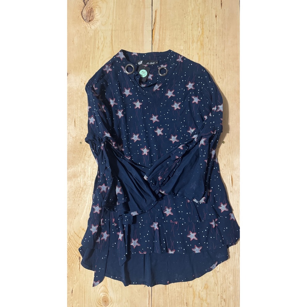 Me-Billa Womens Navy Blue Star Print Ruffle Sleeve Tiered High Low Blouse Large